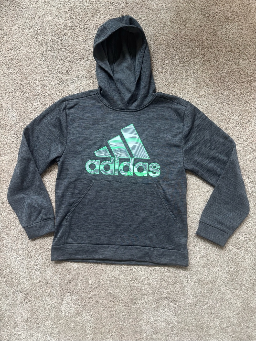 adidas Kids Charcoal Hoodie with Green Logo Graphic